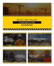 Black And Yellow Construction Background with cranes, workers, and bold caution-striped border.