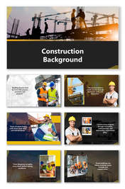 Construction Background Image with cranes, workers, and yellow-black themed industrial layout.