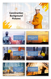 Construction Background Pictures with cranes, engineers, and yellow-orange creative layout design.