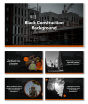 Black Construction Background with cranes, workers, and orange-accented layout for industrial design use.