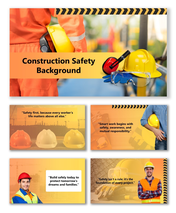 Construction Safety Background with helmets, gloves, and orange caution stripes promoting safety awareness.