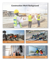 Construction Work Background with engineers, workers, and orange-themed design showing teamwork visuals.