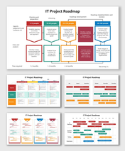 IT Project Roadmap PPT with colorful timeline flowcharts showing planning, execution, and goal phases.