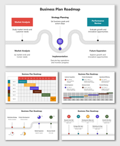 Roadmap In Business Plan with colorful stages, curved timeline, and milestone visuals for business growth strategy.