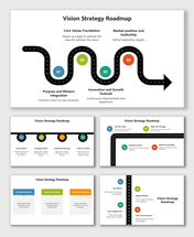Vision Strategy Roadmap with curved path, step circles, and colorful milestones showing mission to growth progress.