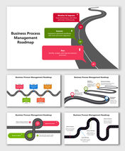 Business Process Management Roadmap with curved road, colorful labels, and workflow stages for process improvement.