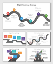 Digital Roadmap Strategy with curved road, color steps, text boxes, and icons for planning.