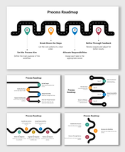 Process Roadmap PowerPoint with winding road, colored step markers, icons, and clear workflow text.