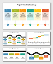 Project Timeline Roadmap with color-coded phases, milestone icons, and road-style timeline showing project flow.