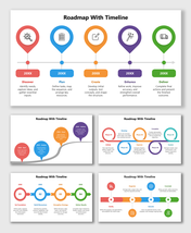 Roadmap With Timeline slides showing colorful milestone icons, arrows, and step labels across multiple roadmap layouts.