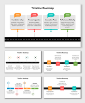 Timeline Roadmap Example with multicolor milestone blocks, icons, and a road graphic outlining project phases.
