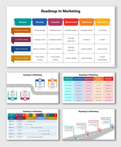 Roadmap In Marketing with colored columns, task rows, milestone road shapes, icons, and timeline blocks for research to optim