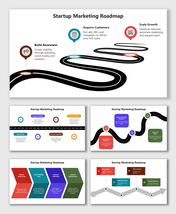 Startup Marketing Roadmap showing multi-color steps, curved roads, icons, and text boxes for each marketing stage.