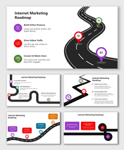 Internet Marketing Roadmap with curved roads, colored step markers, icons, and text boxes for traffic and conversion flow.