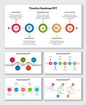 Timeline Roadmap In PPT with colored step circles, dotted timeline, icons, and short labels for project phases.