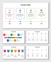 Timeline Slide Examples with colored step boxes, icons, timeline dots, and labels for key project phases.