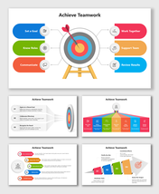 Achieve Teamwork with target graphic, colorful steps, icons, and brief labels for goals, roles, communication, and support.
