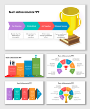 Team Achievements PPT with colorful steps, trophy graphic, icons, and brief labels for goals, tasks, teamwork, and success.