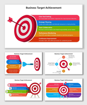 Business Target Achievement with target graphic, arrow, and colorful steps for goals, planning, teamwork, and improvement.