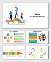 Team Accomplishments Slide Template with team illustration, trophy icons, colorful steps, and key result highlights.