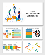 Team Accomplishments Slide Template with team illustration, trophy icons, colorful steps, and key result highlights.
