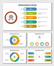Best Achievements In Career showing multicolor shapes, badge icon, and short texts for growth, milestones, and recognition.