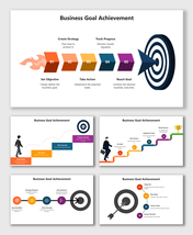 Business Goal Achievement with colorful steps, icons, and arrow-to-target graphic showing planning, action, and success.