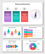 Business Achievements PowerPoint showing multicolor shapes, icons, and brief text on strategy, execution, and success.