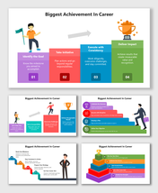 Biggest Achievement In Career showing multicolor steps, icons, and short text on goals, action, challenges, and results.