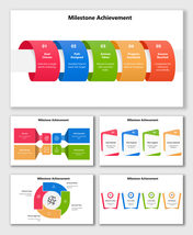 Milestone Achievement PowerPoint Slides with colorful step blocks showing goal, plan, action, success.