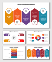 Milestone Achievement PPT Slide with colorful arrow shapes showing goal setting, planning, effort, milestone, and success.