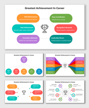Greatest Achievement In Career slide with colorful shapes showing skills, goals, teamwork, and recognition.