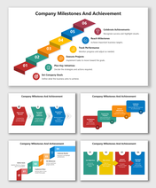 Company Milestones And Achievement slide with colorful step blocks showing goals, actions, milestones, and success.