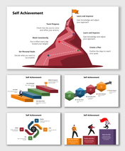 Self Achievement visuals featuring a mountain climb path, bright steps, icons, and actions for progress and success.