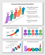 Personal Achievements PowerPoint with colorful steps, markers, and icons showing growth, strengths, and goals.