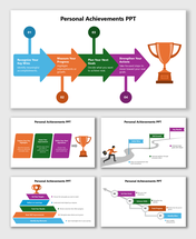 Personal Achievements PPT with colorful step arrows, icons, and trophy showing wins, progress, goals, and actions.