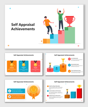 Self Appraisal Achievements slide with colorful steps, characters, trophies, and text boxes highlighting progress.