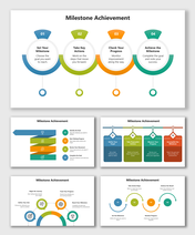 Milestone Achievement PowerPoint Presentation with colored steps, icons, and goal-to-success stages.