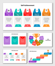 Self Achievement Examples showing multi-color steps, action icons, and trophy elements for growth.