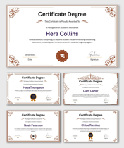 Certificate Degree templates with brown borders, name fields, award seals, and signature spaces for academic recognition.