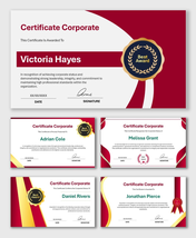 Certificate Of Corporate Status templates with red-gold ribbons, award seals, name fields, and signature areas.