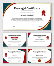 Paralegal Certificate templates with red-gold seals, name fields, and colored borders for legal program completion.