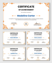 Achievement Certificate Download with orange decorative borders, award badge, bold name text, date and signature fields.