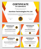 Certificate Of Corporate Resolution with orange geometric layout, company name, approval seal, date and signature fields.