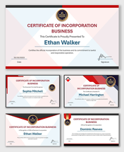Business Incorporation Certificate with red-blue geometric design, official seal, company name, date and signature.