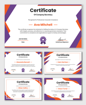 Company Secretary Certificate with purple-orange corporate design, award badge, recipient name, date and signature fields