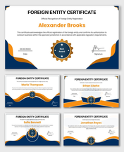 Foreign Entity Certificate with blue-orange waves, gold award seal, entity name, date and signature fields.