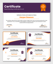 Good Standing Certificate For LLC with purple-orange design, award seal, company name, date and signature fields.