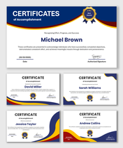 Certificates Of Accomplishment with blue and gold wave design, award badge, recipient name, date, and signature fields.