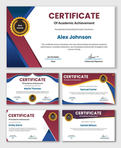 Academic Achievement Certificate with red and blue wave design, award badge, student name, date, and signature layout.